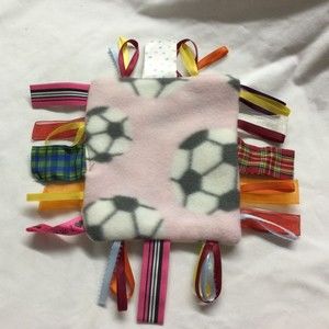 Soccer themed Taggie Toy. Handmade New. Sensory. Tactile Pink with Soccerballs
